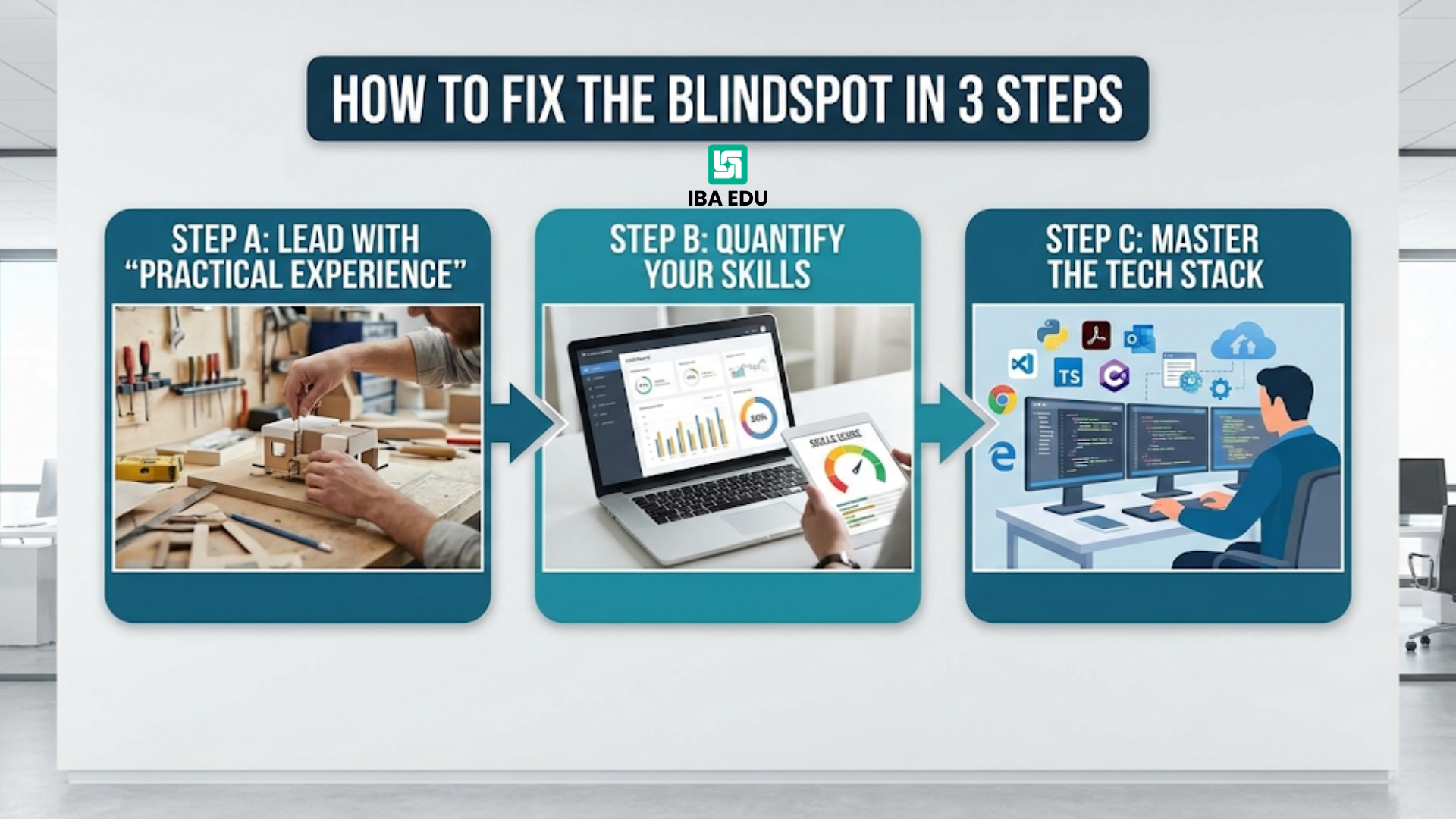 How to Fix the Blindspot in 3 Steps. Step A Lead with Practical Experience, Step B Quantify Your Skills, Step C Master the Tech Stack