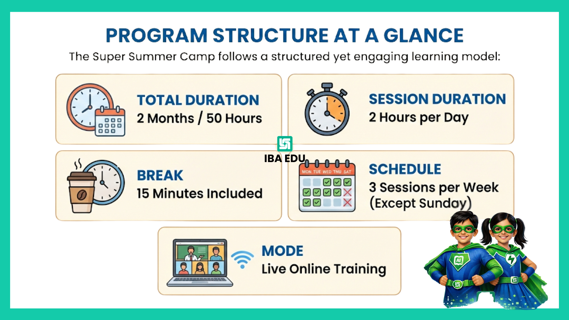 The Super Summer Camp follows a structured yet engaging learning model