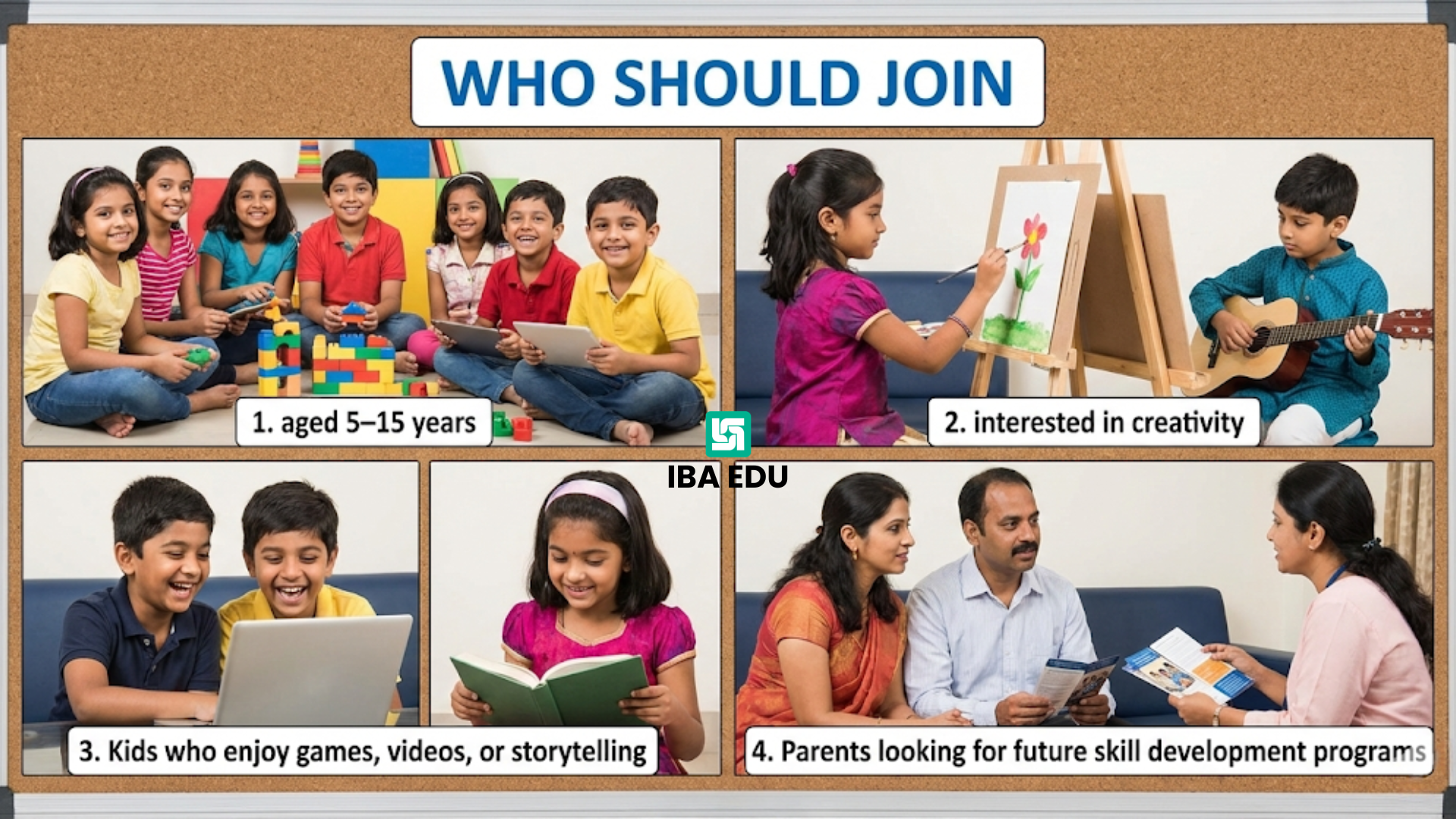 Who Should Join 1, aged 5–15 years 2, interested in creativity 3, Kids who enjoy games, videos, or storytelling 4, Parents looking for future skill development programs. Maintain Indian Ethnicity