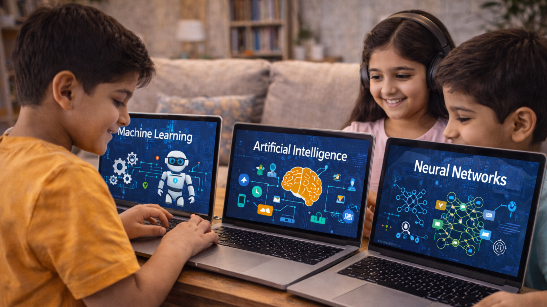 A child presenting a digital AI project to a small group.