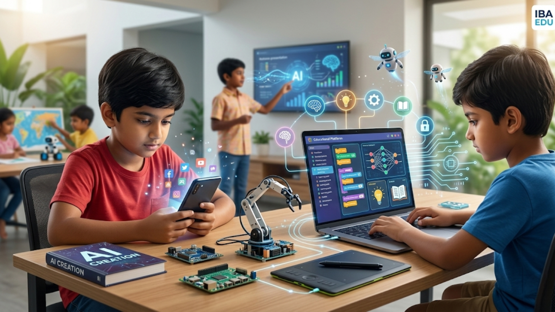 A child scrolling on a smartphone while another child nearby is learning on a laptop with educational tools.