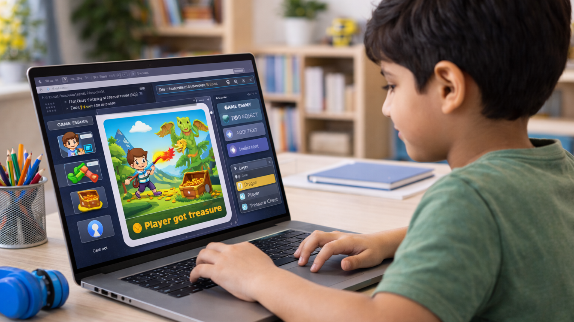 Child designing a game or digital project on a laptop.