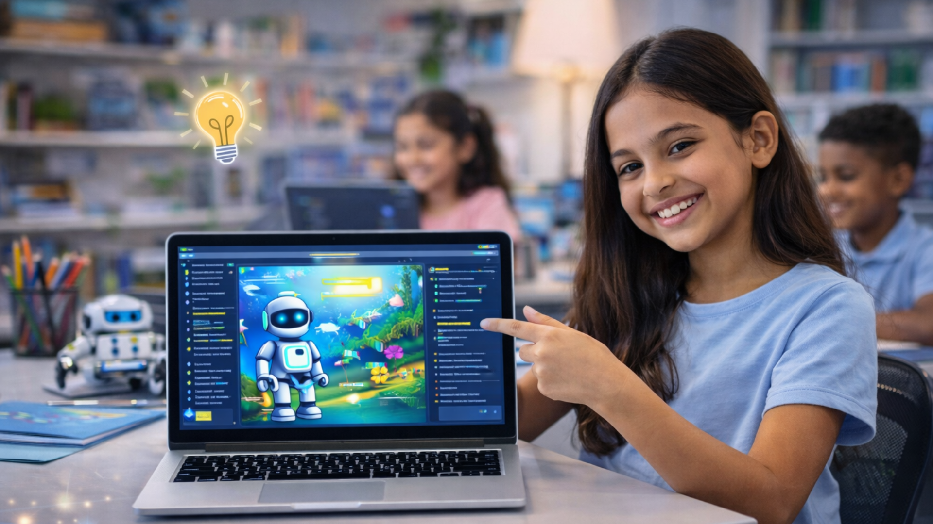 Child proudly presenting a digital project on a laptop