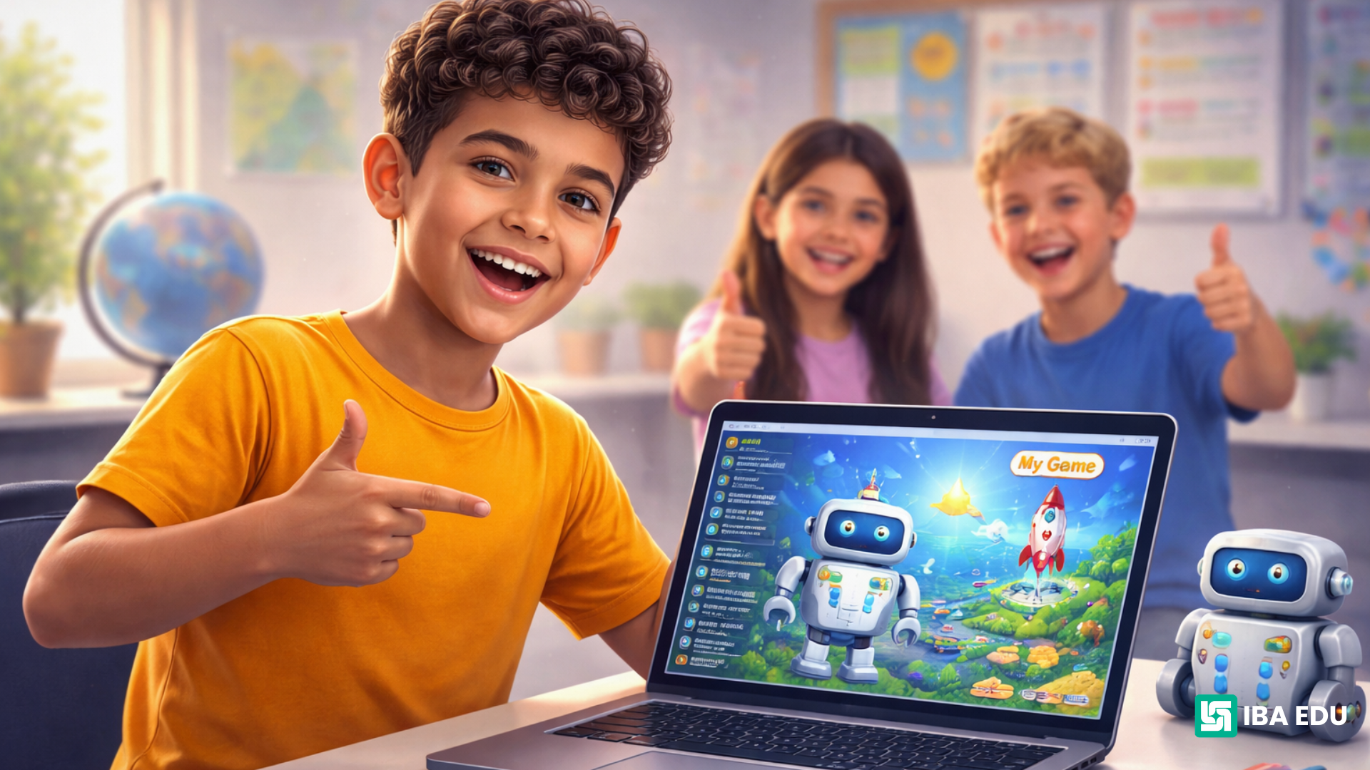 Child proudly presenting a digital project on a laptop