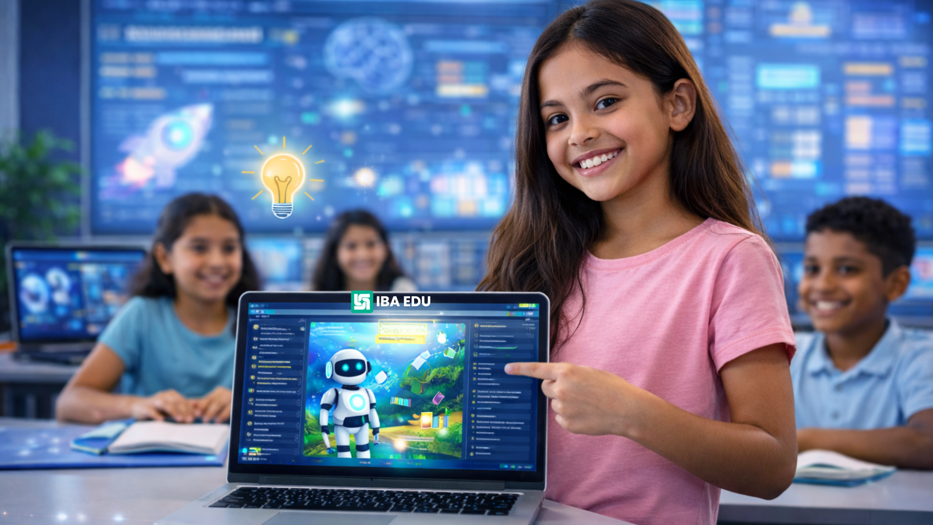 Child proudly presenting a digital project on a laptop.