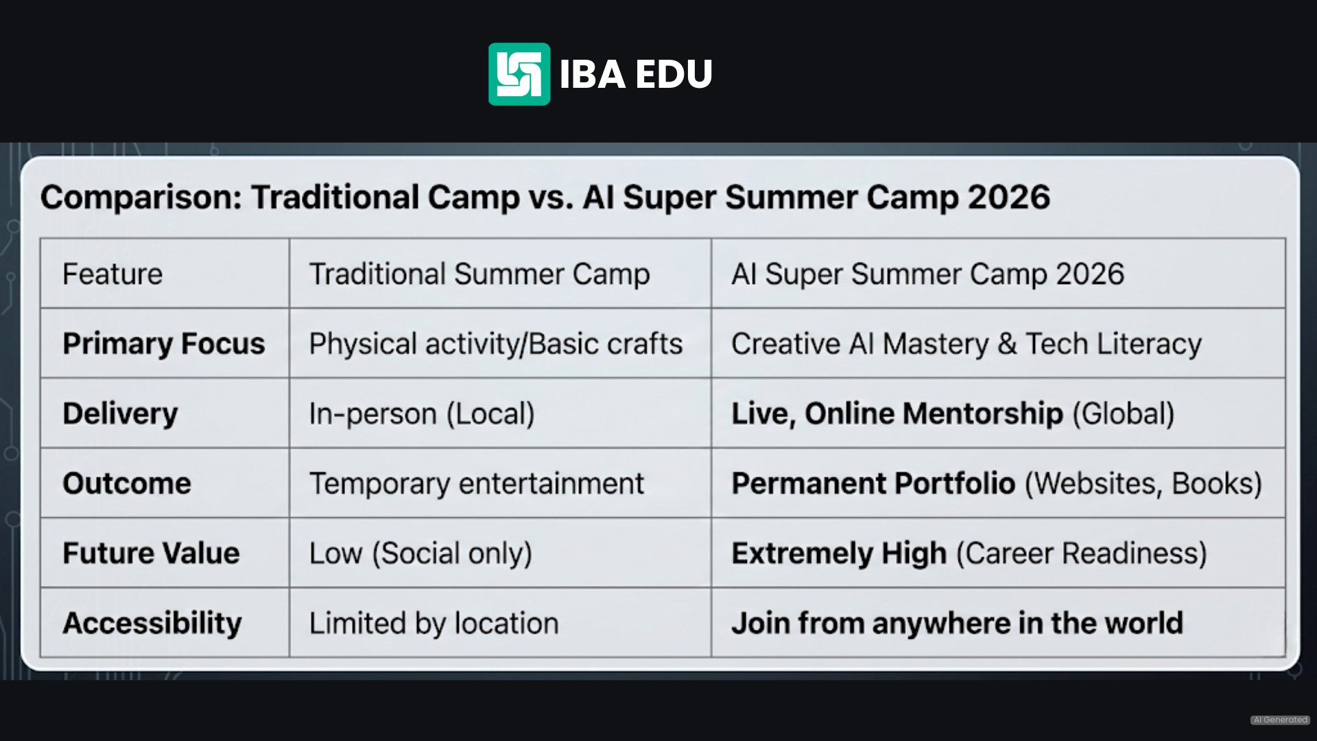 Comparison Table Traditional camp vs AI SUPER CAMP