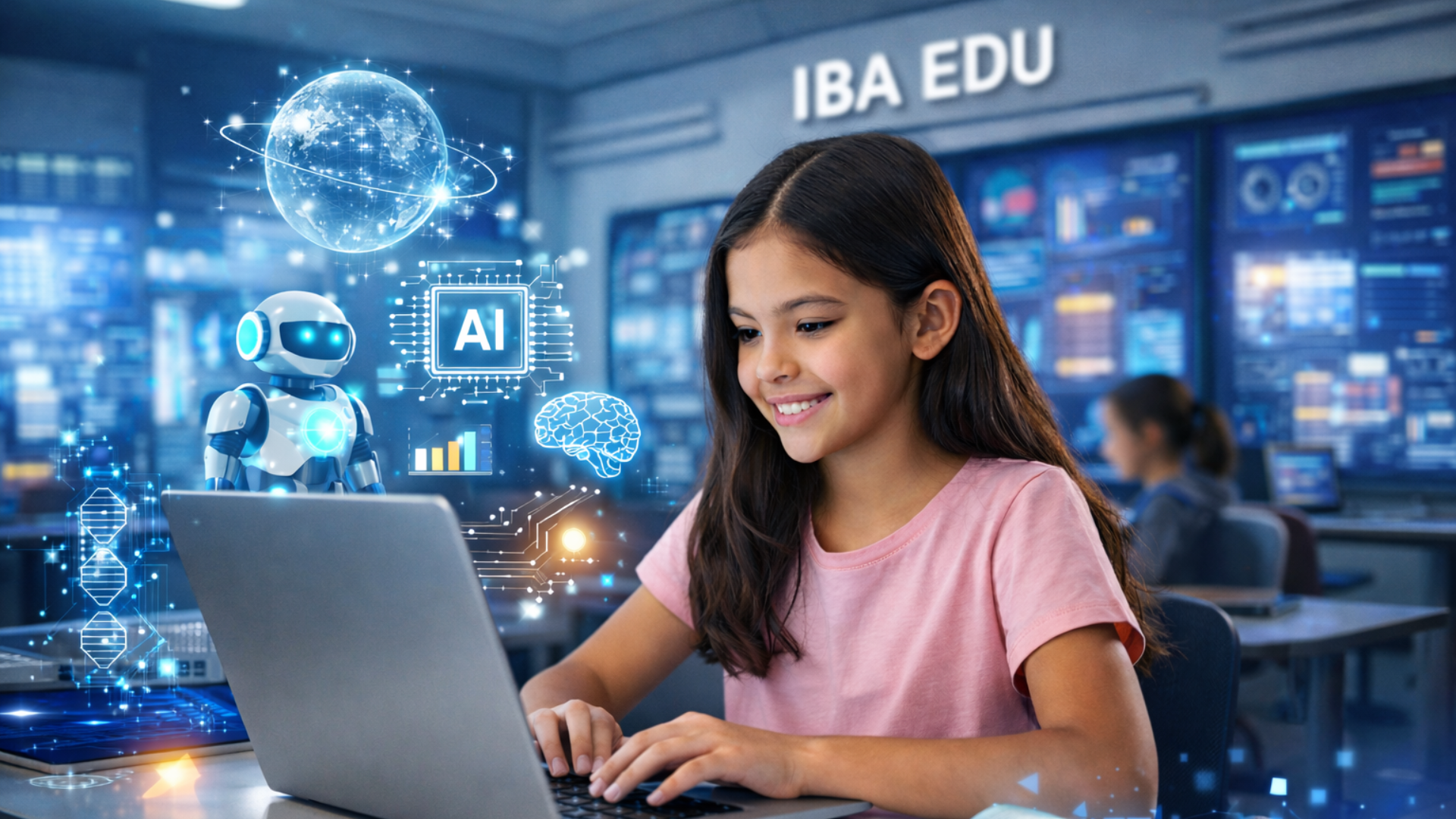 Girl working confidently on a laptop with AI graphics and a futuristic IBA EDU classroom environment.