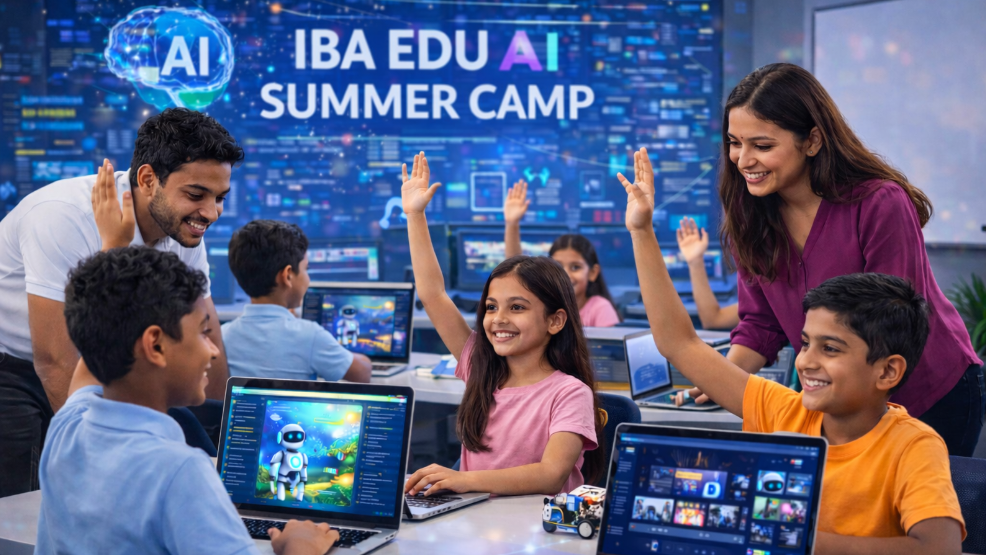 Kids collaborating in an AI workshop environment.