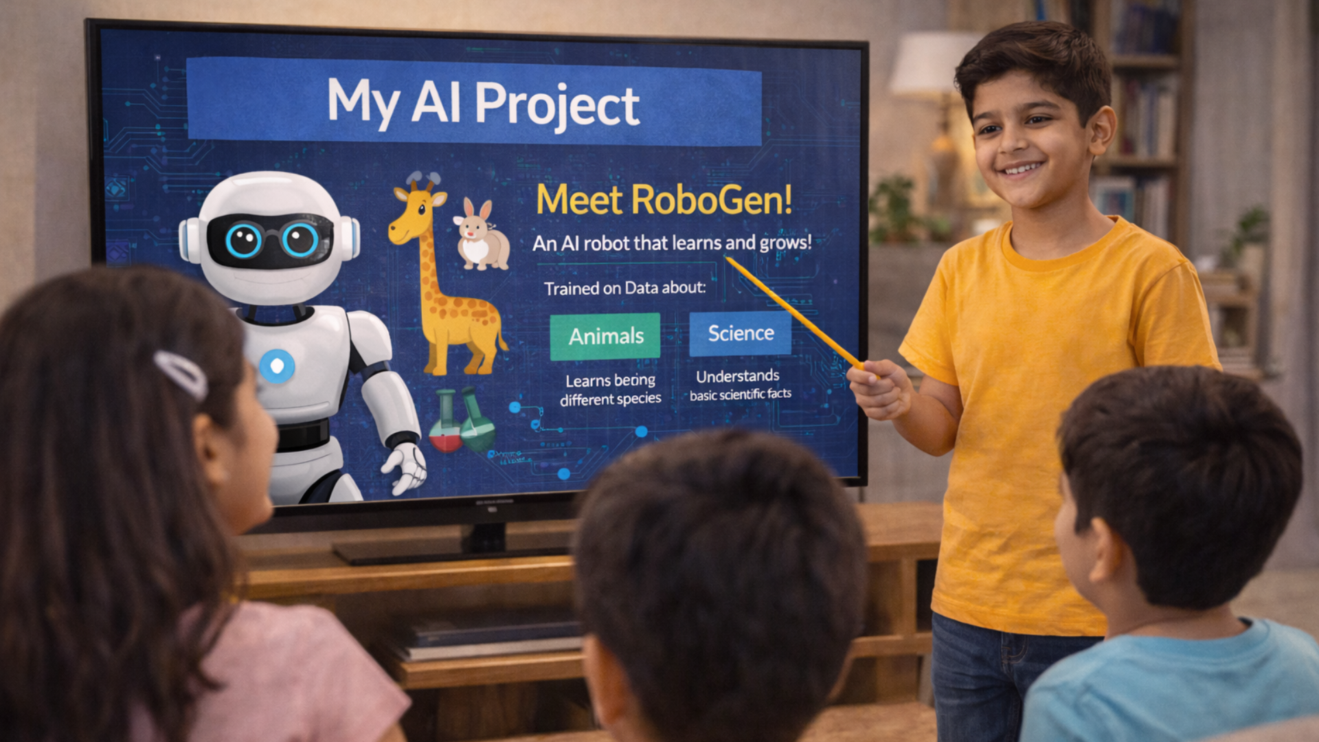 Kids exploring AI concepts on laptops with colorful AI icons on screens.