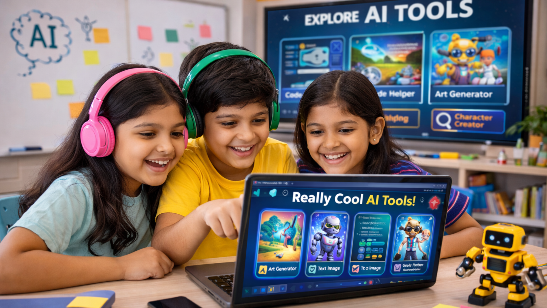 Kids exploring AI tools together in a classroom or workshop.