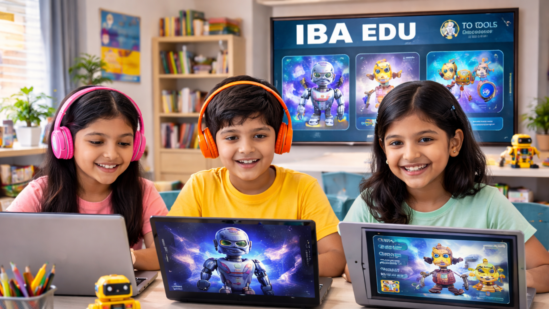 Kids learning technology on laptops with creative AI tools IN IBA EDU CLASROOM
