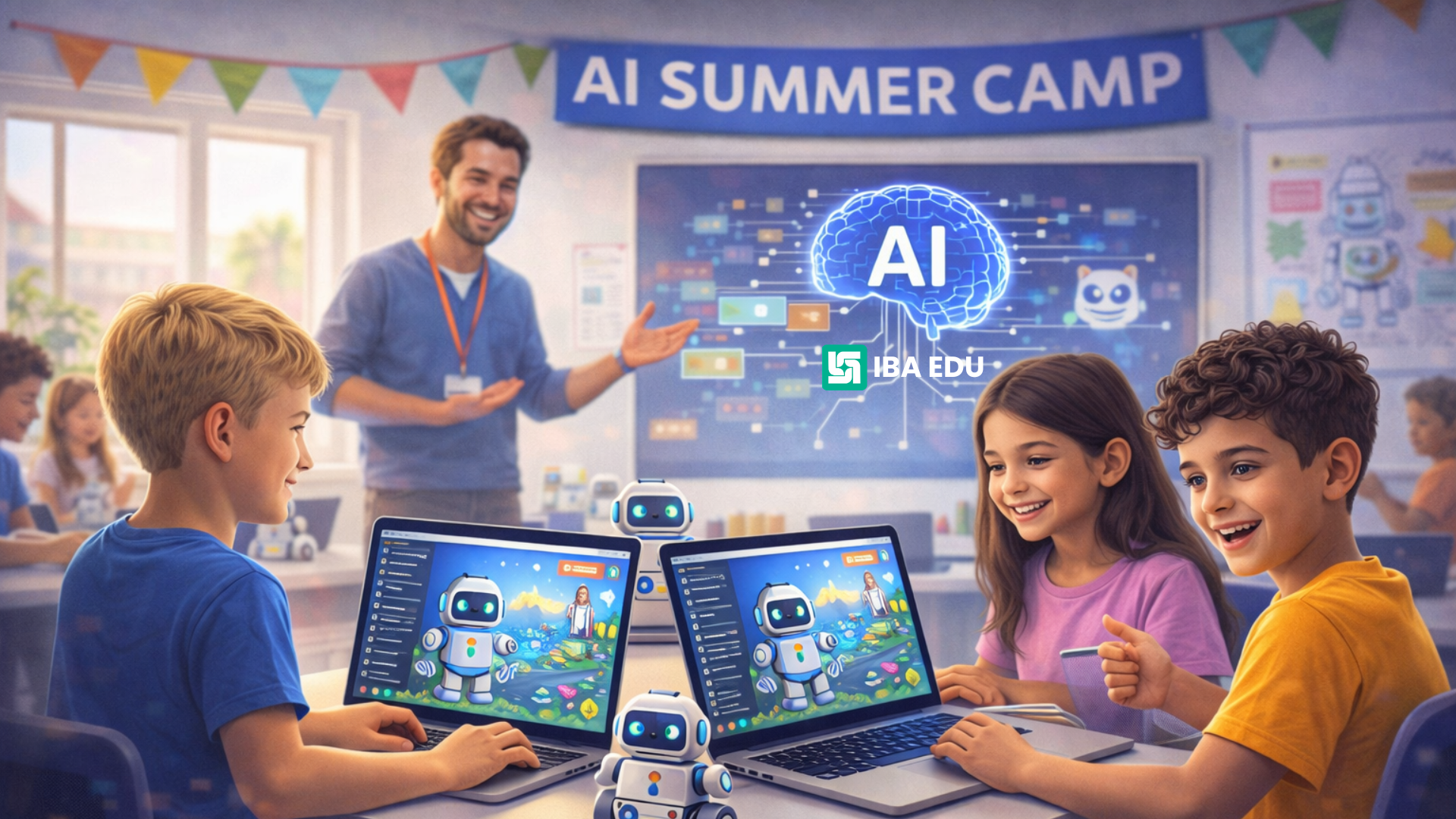 Kids participating in an AI summer camp workshop.