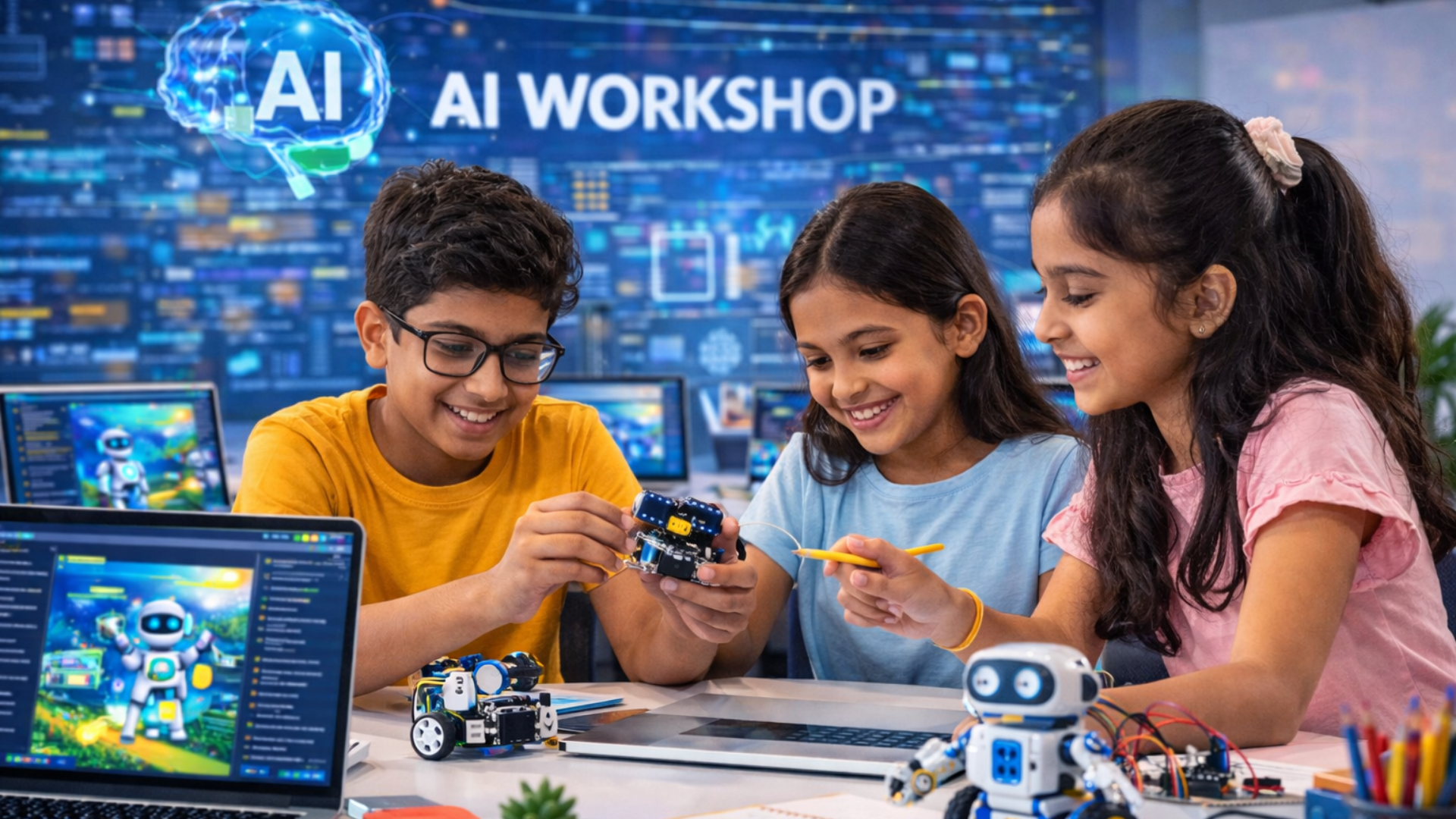 Kids participating in an AI summer camp workshop.