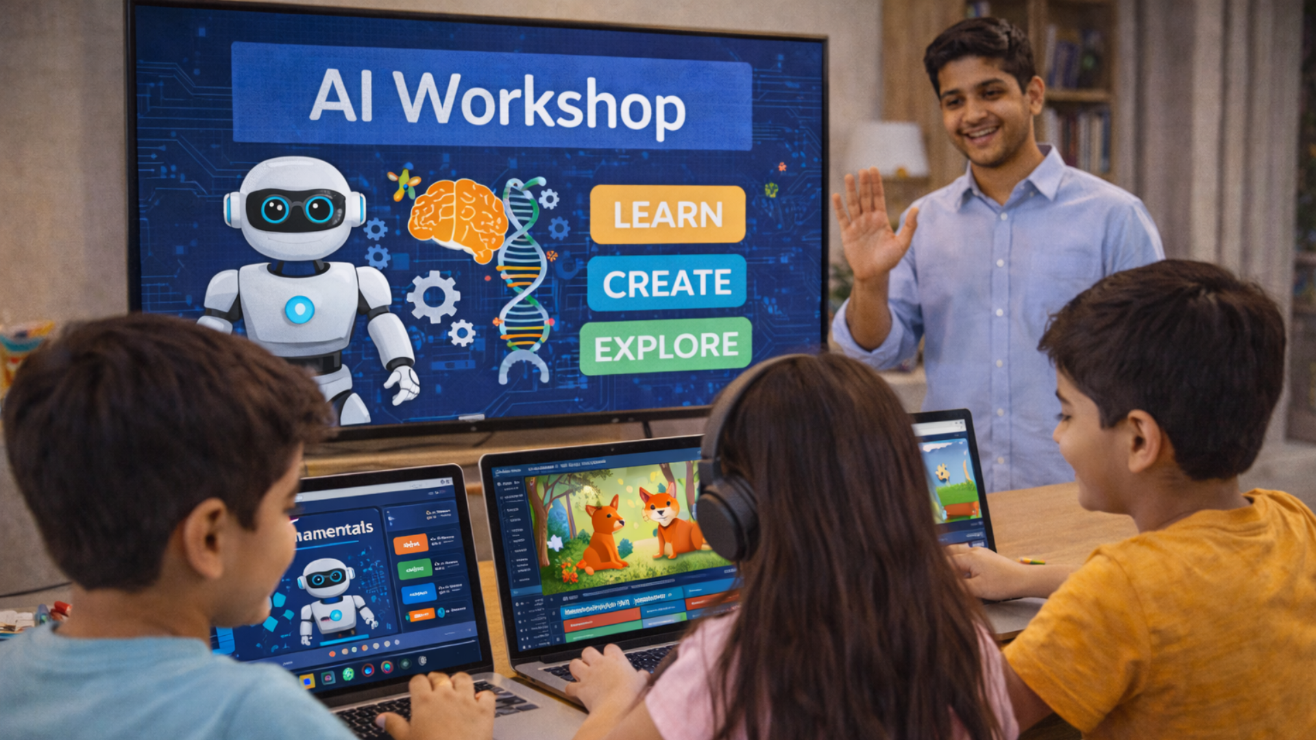 Kids participating in an AI workshop or summer learning camp.