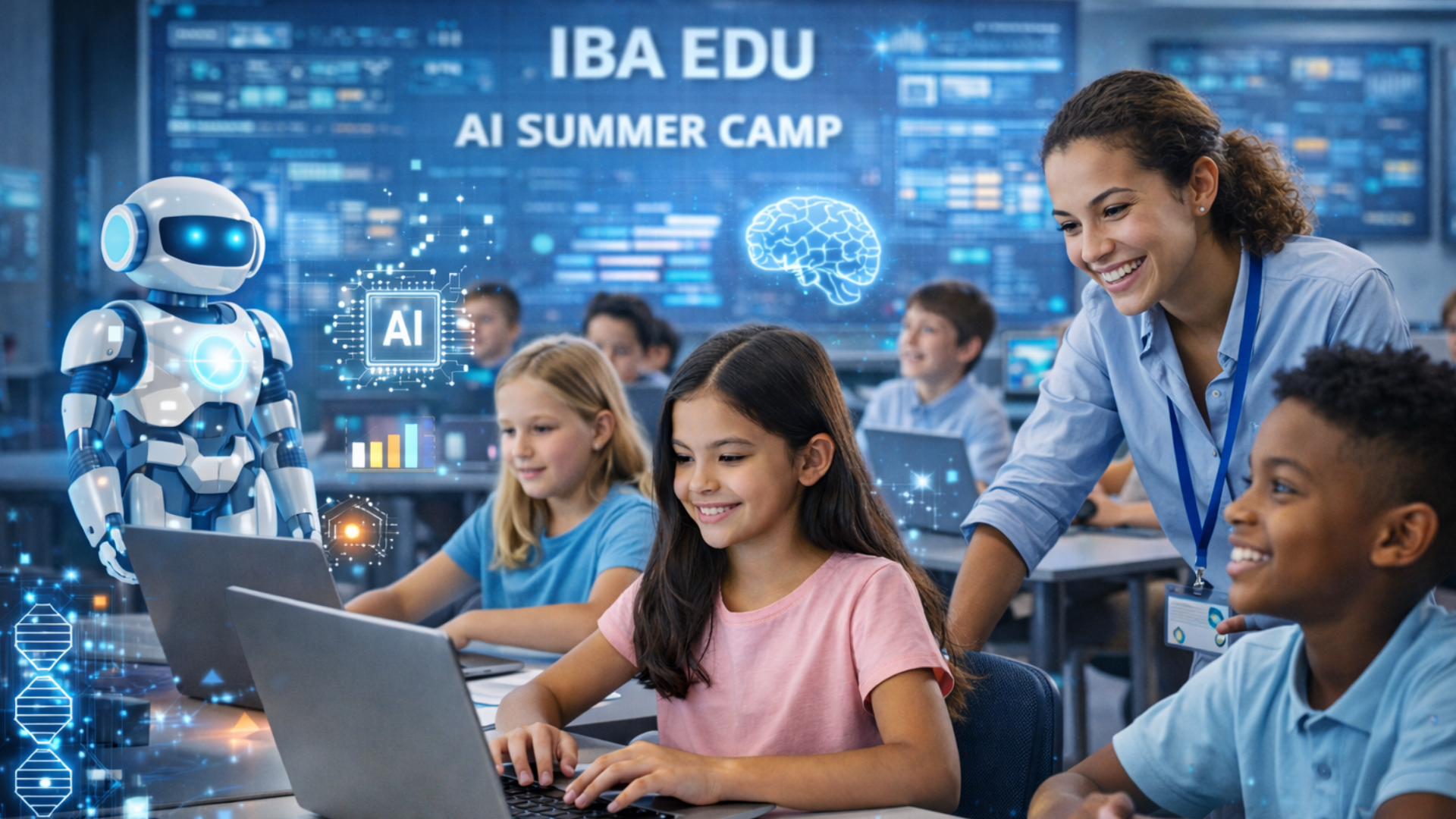 Kids participating in an IBA EDU AI summer camp workshop.