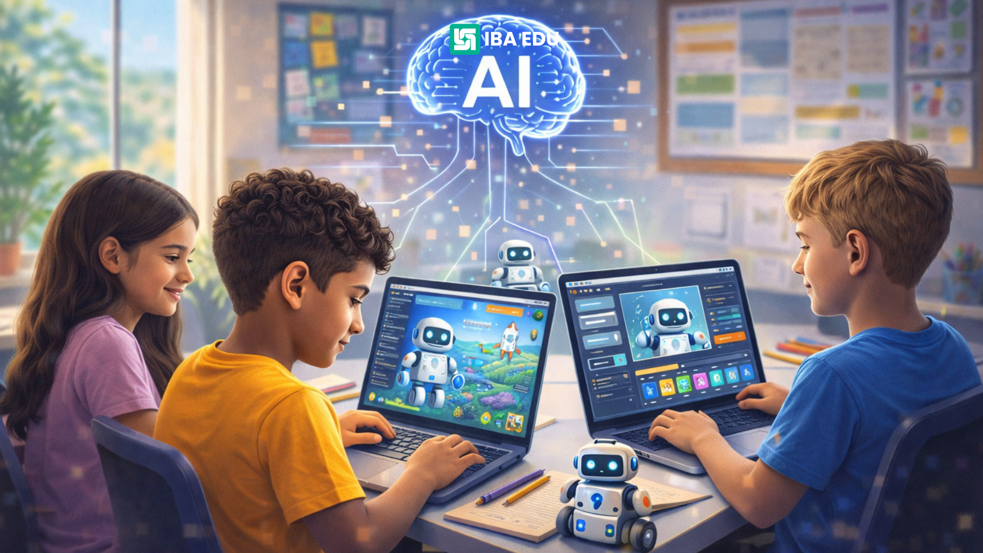 Kids working on laptops creating AI projects in a bright learning environment.