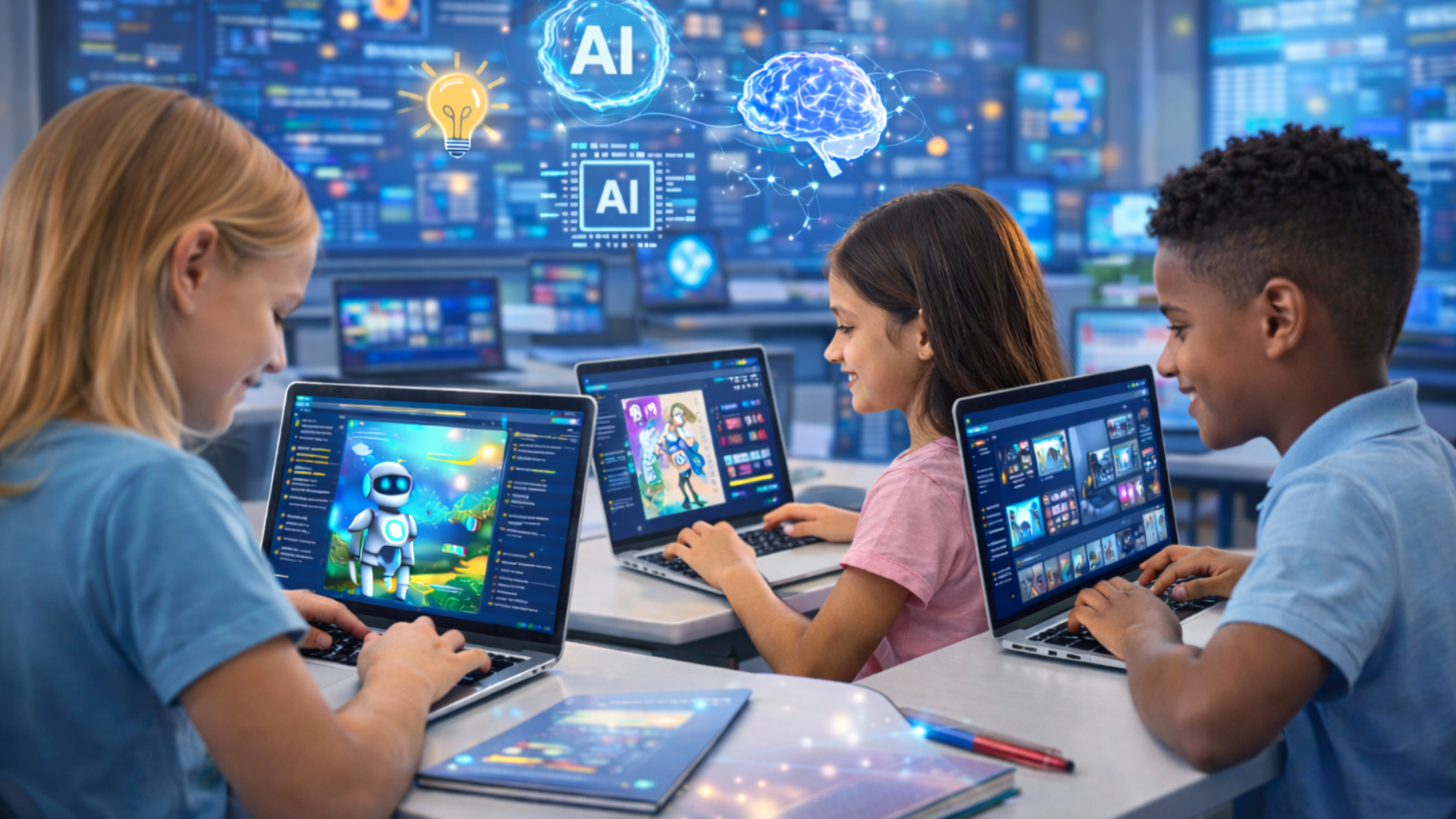 Kids working on laptops creating AI projects.