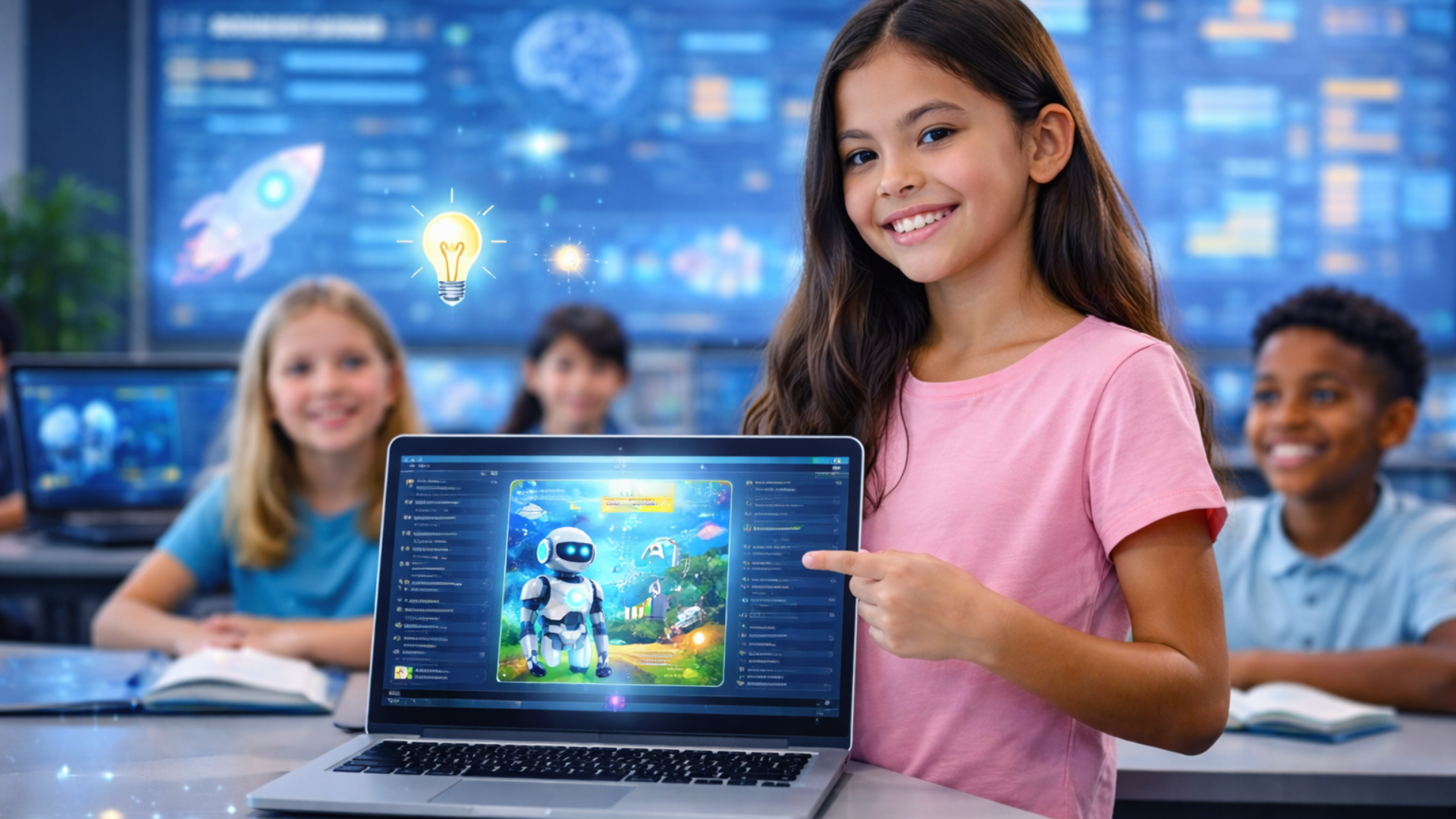 Young girl presenting her digital project proudly.