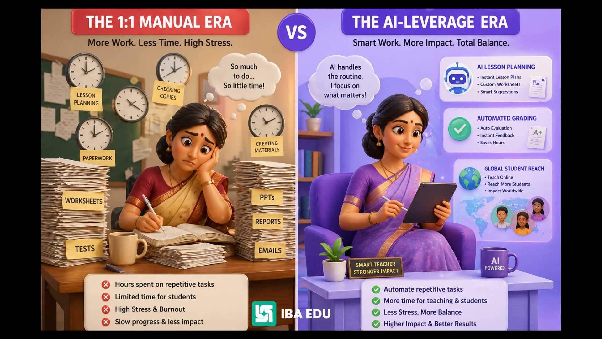 Comparison of traditional manual teaching vs. AI-leveraged educational productivity.