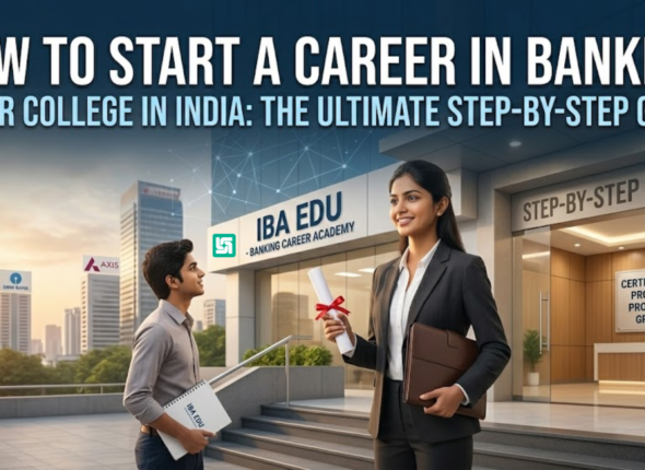 A successful young Indian female banking professional holding a professional certificate and a laptop, standing confidently outside the modern IBA EDU Academy entrance.
