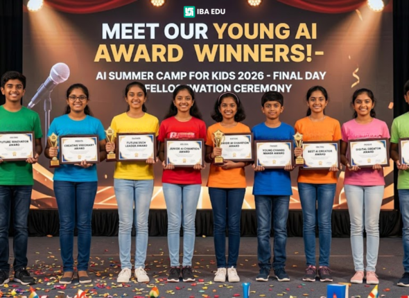 Group of young students on stage holding certificates and trophies during an awards ceremony with a banner behind them reading IBA EDU.