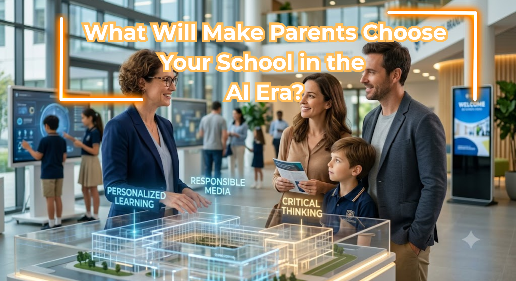 A premium, realistic photograph capturing a professional female school director explaining a futuristic, transparent 3D architectural model of a campus to a mother, father, and son, featuring glowing blue and gold holographic text projections.