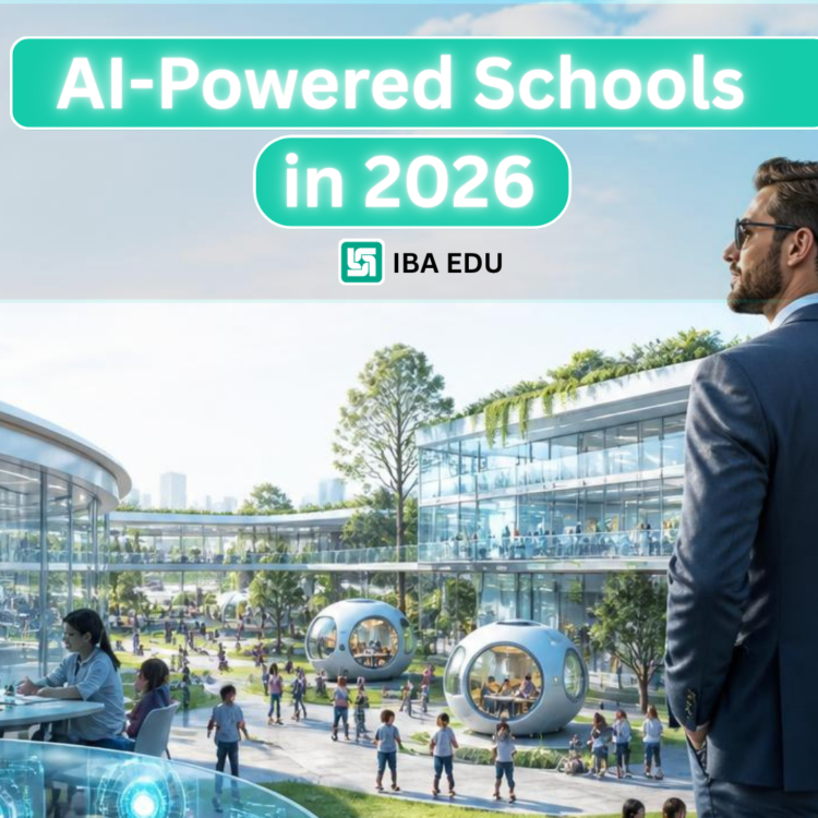 AI-Powered Schools Blueprint 2026 showing modern smart classrooms and administrative analytics.