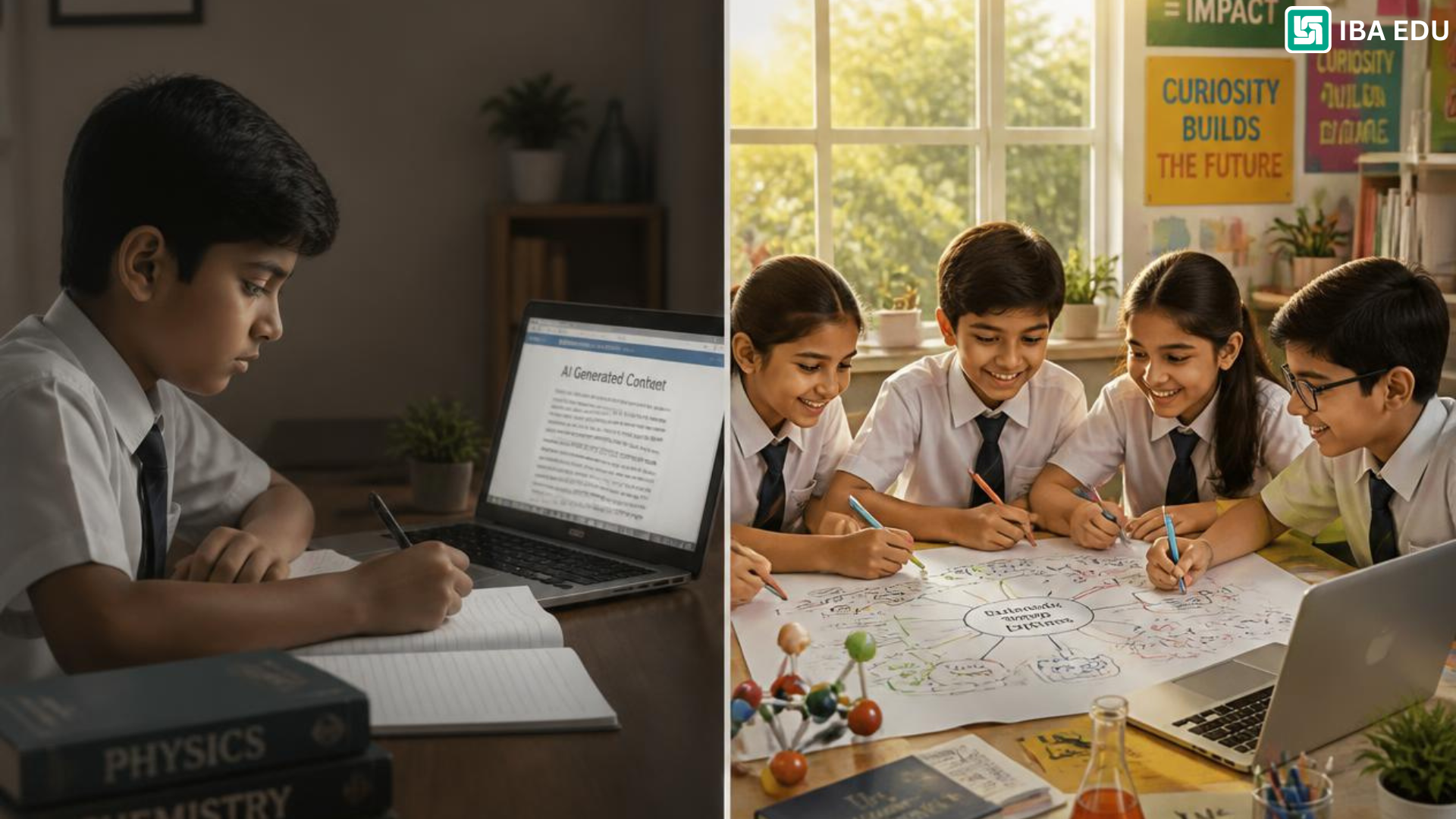 2 Brain First AI Learning | IBA EDU | Iba Edu Two students study side by side: a boy at a desk with a laptop and notebooks in a dim, focused setting on the left; a bright classroom with peers collaborating on a large poster project on the right.