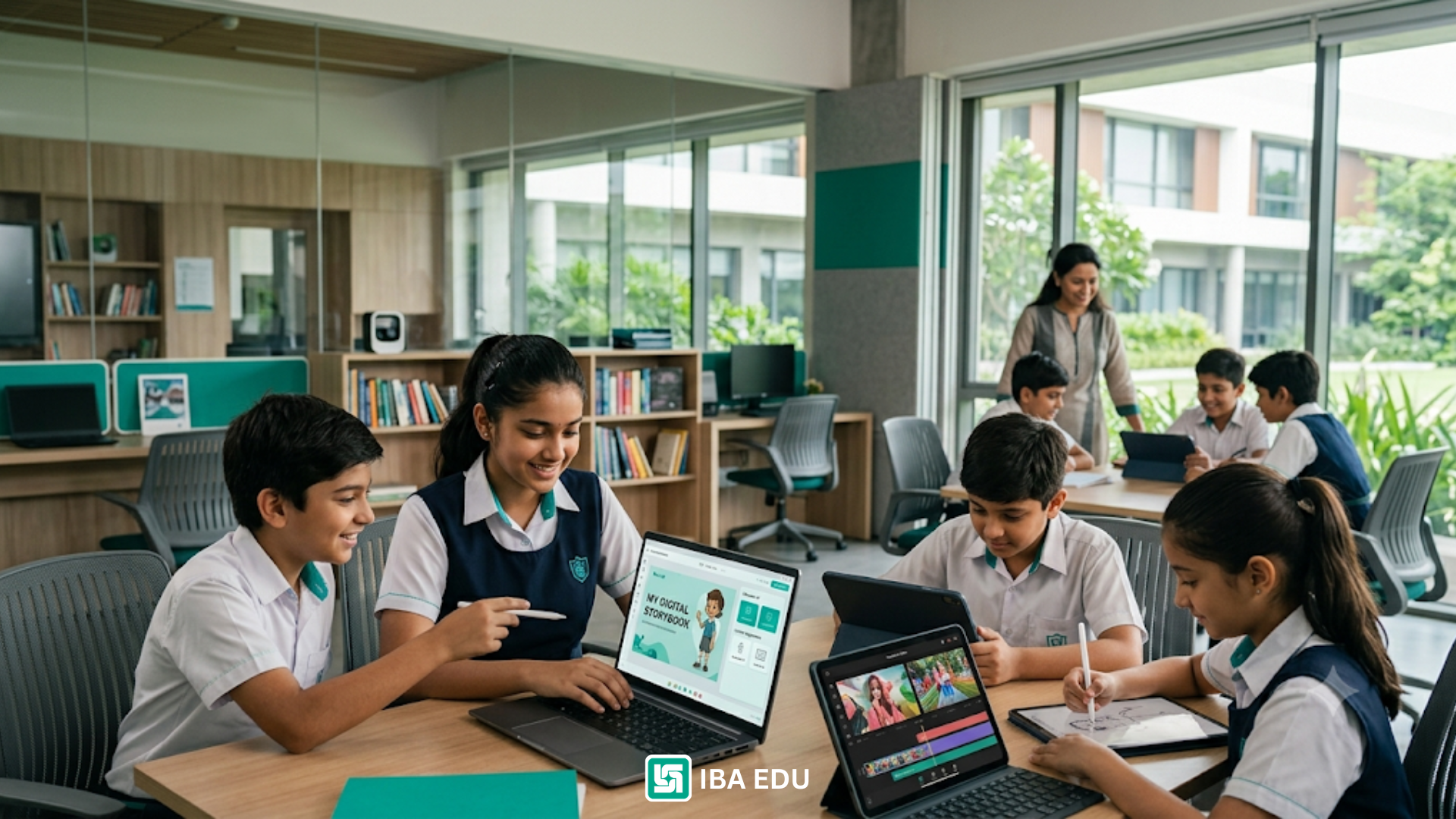 ai future creators blog | Iba Edu Students in school uniforms work on laptops and tablets around a table as a teacher assists in the background.