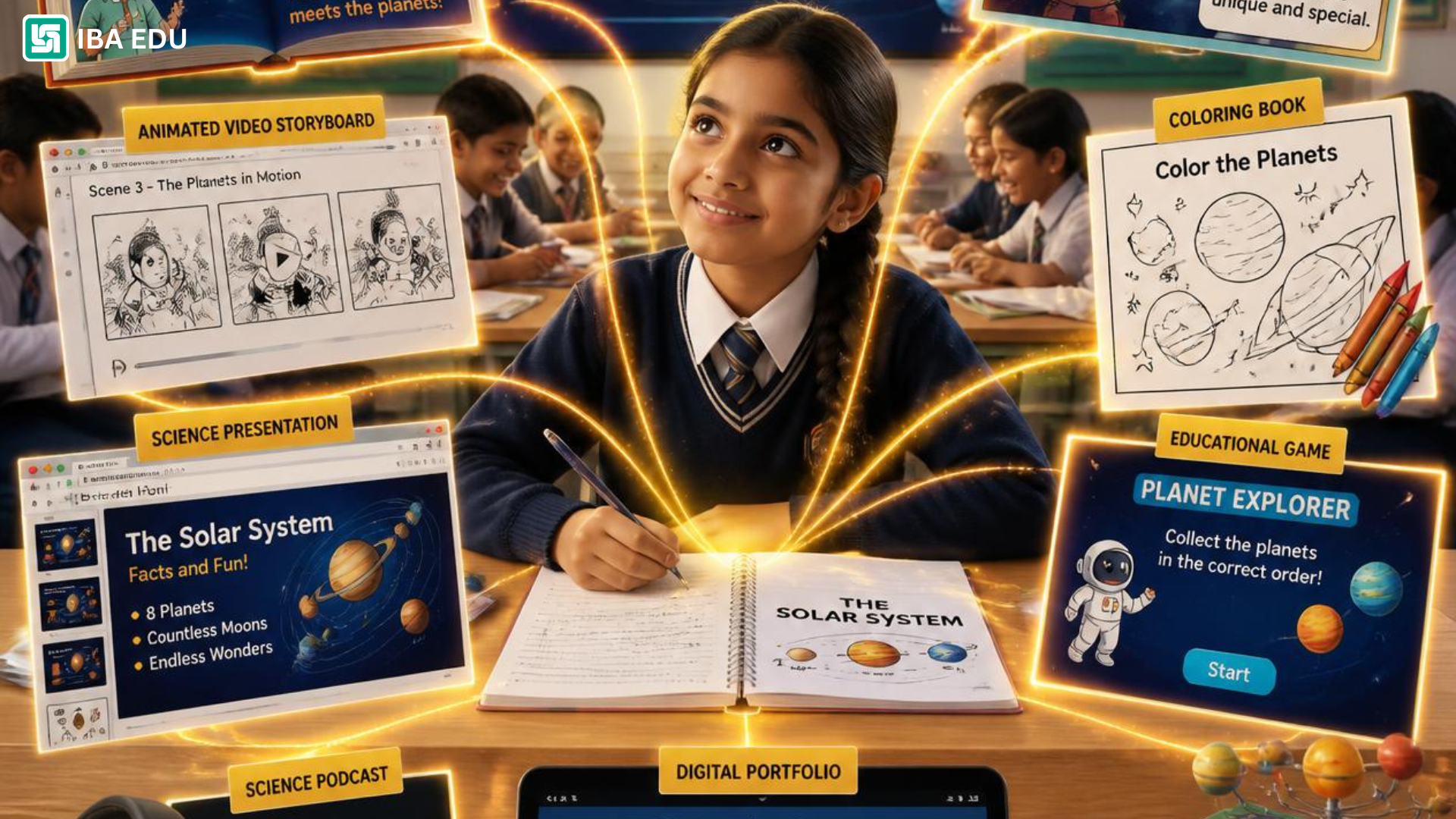 3 Brain First AI Learning | IBA EDU | Iba Edu Girl student in a classroom writing in a notebook, surrounded by glowing space and science posters about the solar system and planets.