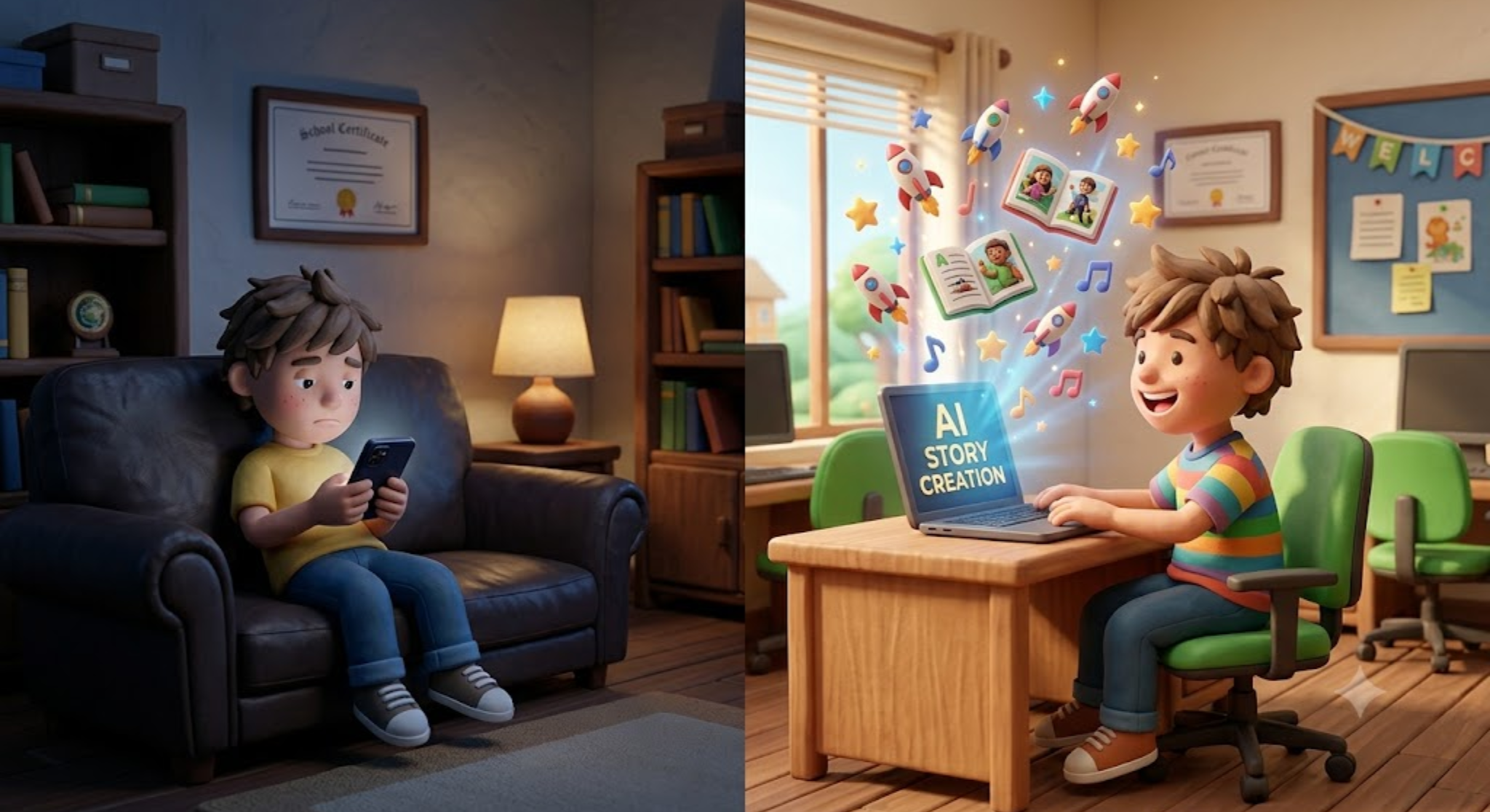 A vibrant claymation split-screen showing a child looking bored while scrolling on a phone on a dark couch on the left, contrasted with the same child smiling and typing on a laptop to create an AI storybook in a bright classroom on the right.