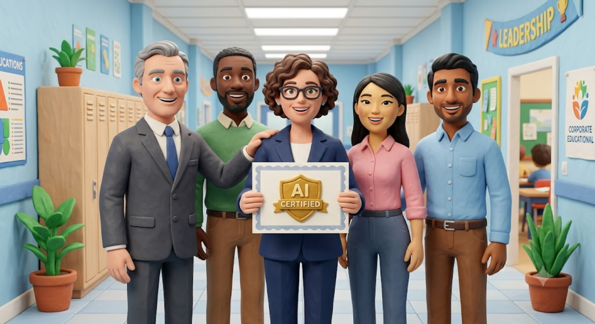 A professional claymation scene of a diverse group of school educators and an academic head standing side-by-side in a bright school hallway, with the center teacher proudly displaying a certificate with a golden shield badge reading "AI Certified".