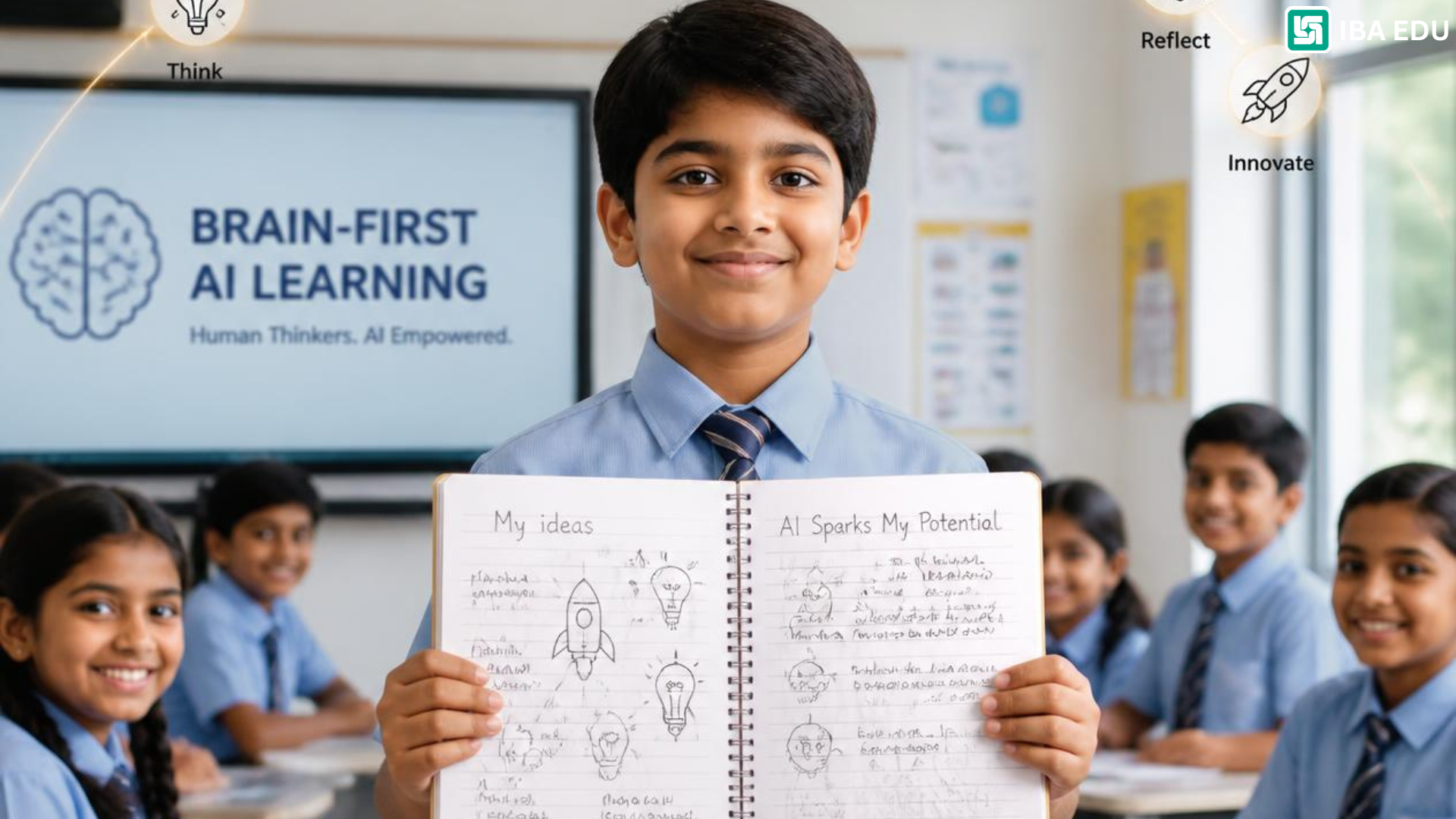 4 Brain First AI Learning | IBA EDU | Iba Edu Smiling student in a blue shirt and tie holds an open notebook with drawings in a classroom; a screen reads 'BRAIN-FIRST AI LEARNING' in the background.