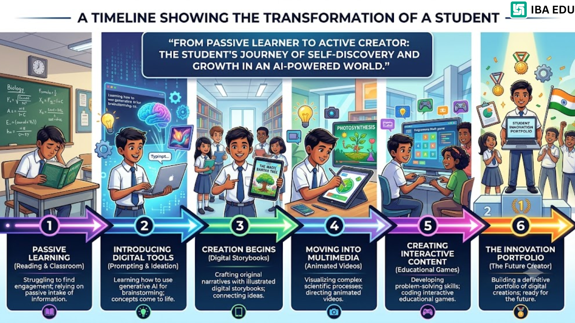 6 AI Future Creators Program for Schools | Iba Edu Colorful classroom timeline showing six stages of a student’s journey from passive learning to becoming an AI-powered creator with digital tools and projects along the way.