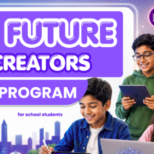 School students using Artificial Intelligence tools on laptops and tablets while learning in a modern digital classroom, with a spacious area for the title of the IBA EDU AI Future Creators Program.