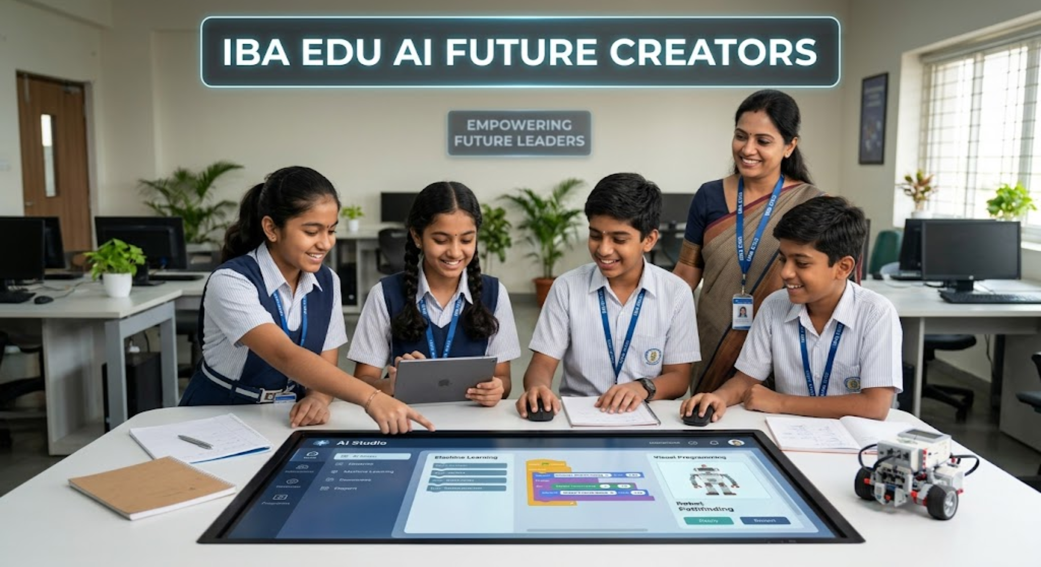 ai future creators blog 1 | Iba Edu Teacher and four students in a computer lab, gathered around a large touchscreen tablet and smiling as they work on an AI learning activity with an 'IBA EDU AI FUTURE CREATORS' banner in the background.