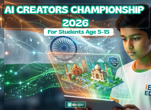 Young student looking at a holographic tablet with a digital city model; banner reads AI CREATORS CHAMPIONSHIP 2026 for Students Age 5-15.