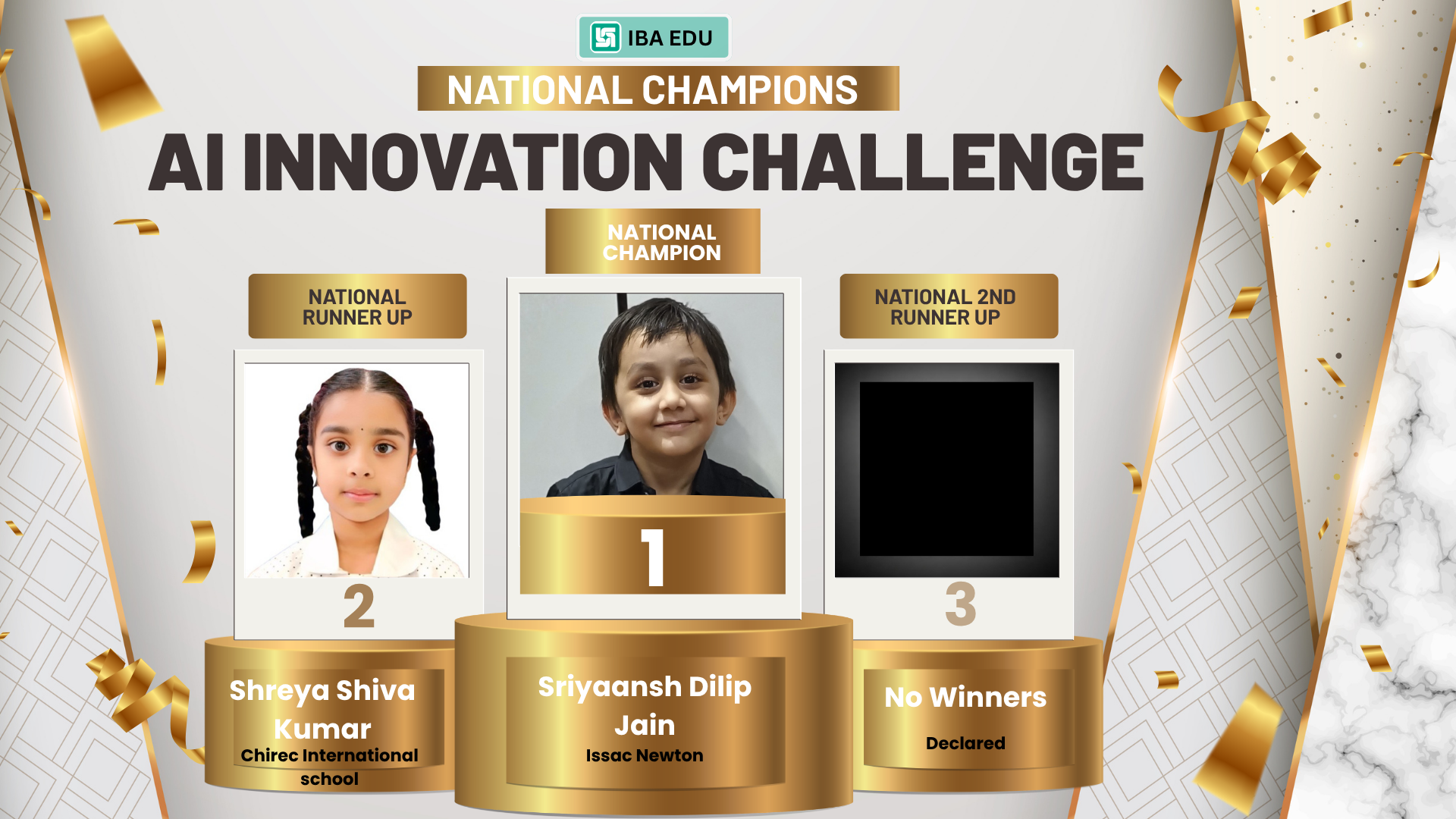 CAT A Champions AICC Independence day | Iba Edu National Champions podium first place boy center second place girl left third place with a black placeholder names Shreya Shiva Kumar and Sriyaansh Dilip Jain shown beneath podiums