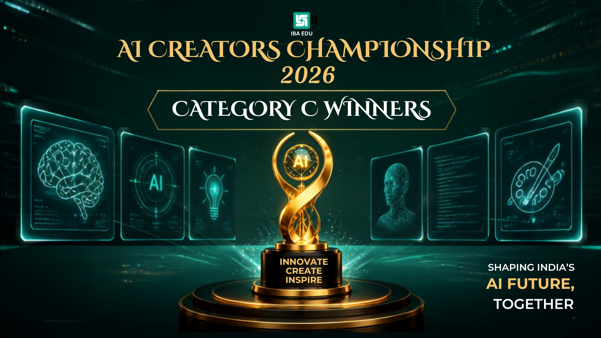 Golden AI trophy on a pedestal with glowing holographic screens showing AI imagery in the background announcing Category C Winners for the AI Creators Championship 2026