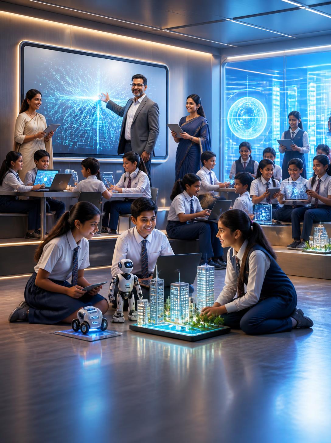 Group of students in uniforms learning in a futuristic classroom with tablets robots and a glowing city model display