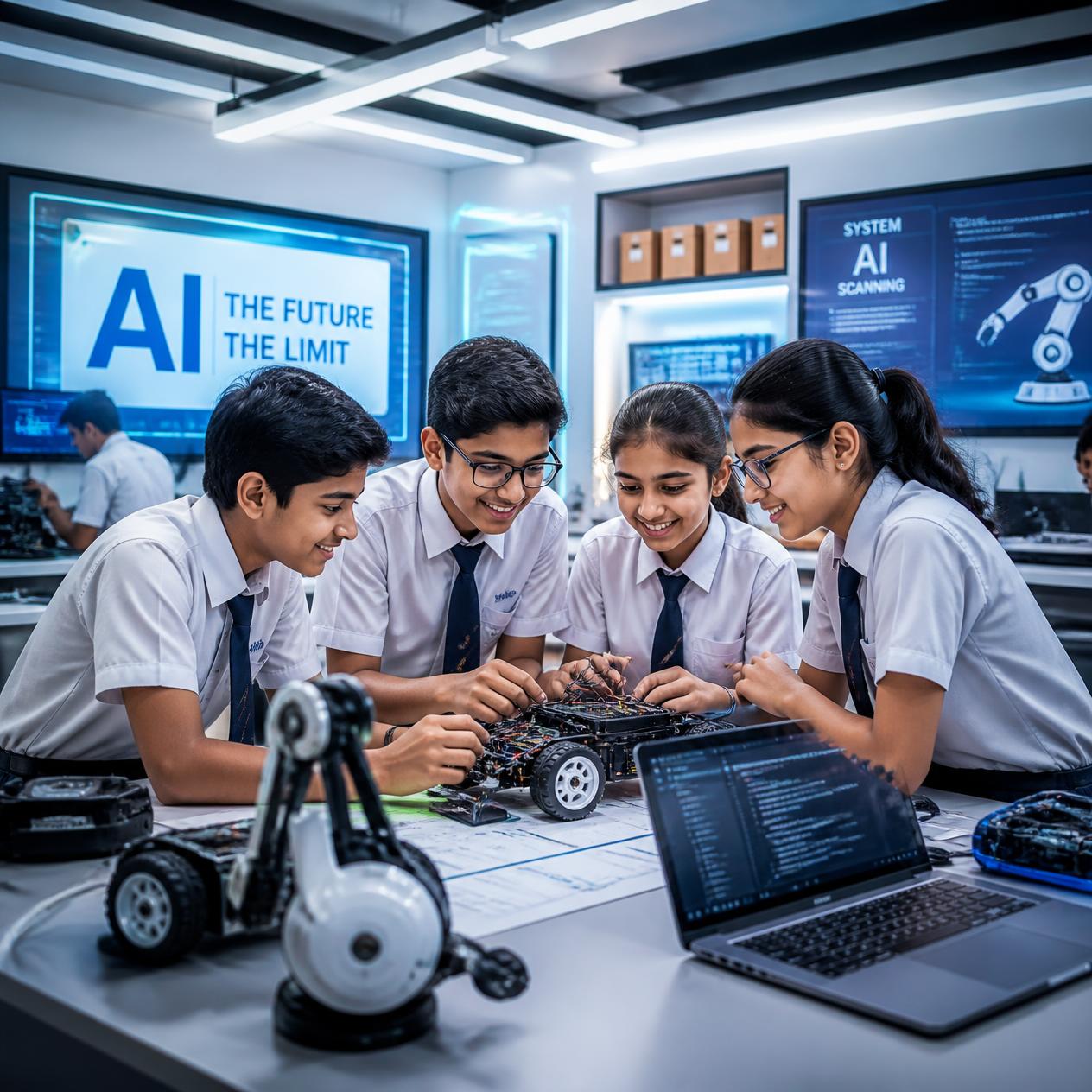 Four students in uniform collaborate at a lab bench assembling a wheeled robot with laptops nearby and AI posters in the background