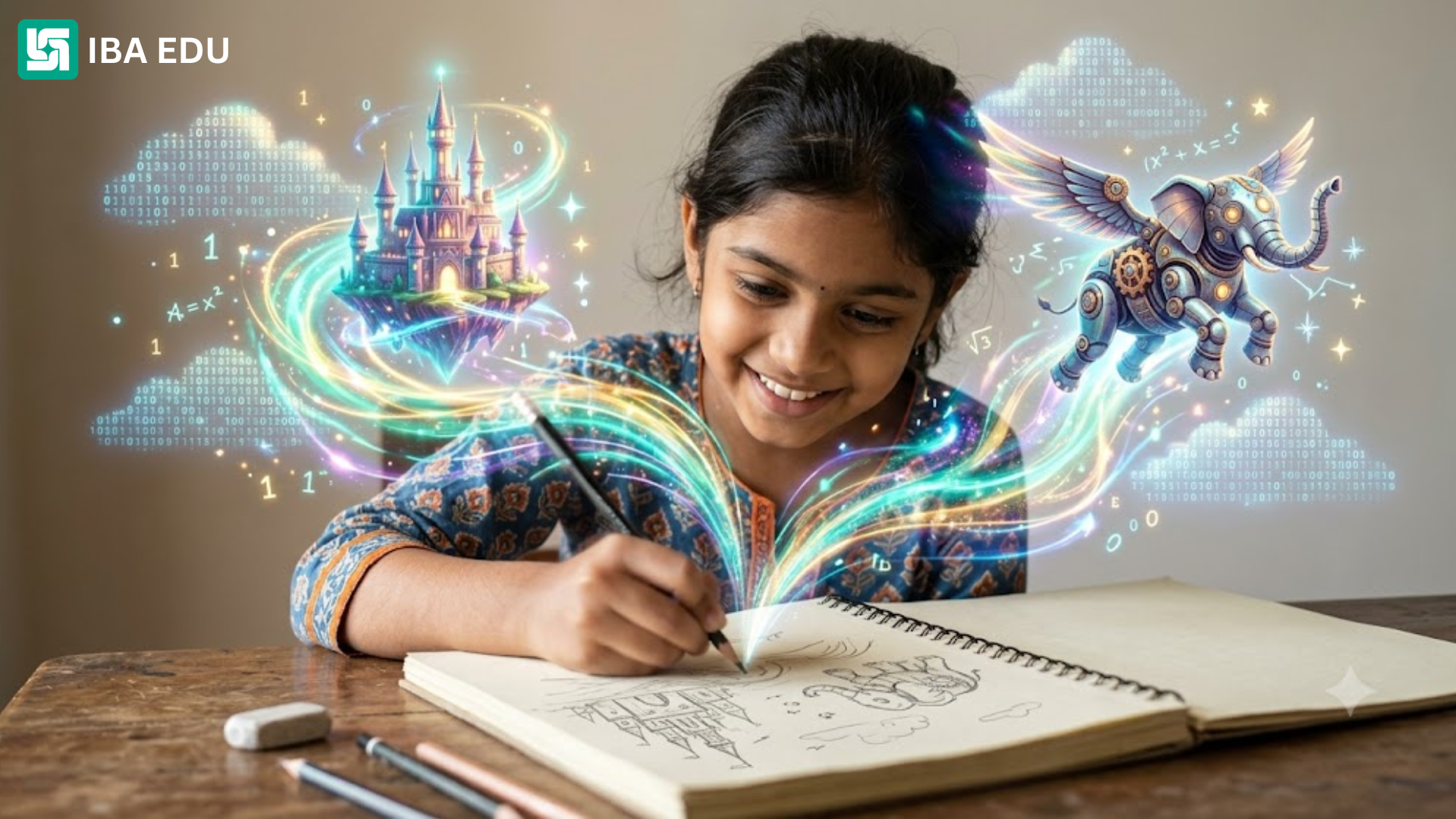 AICC 2026 Celebration | IBA EDU | Iba Edu Young girl sketching at a notebook while magical glowing drawings of a castle and a winged elephant swirl around her