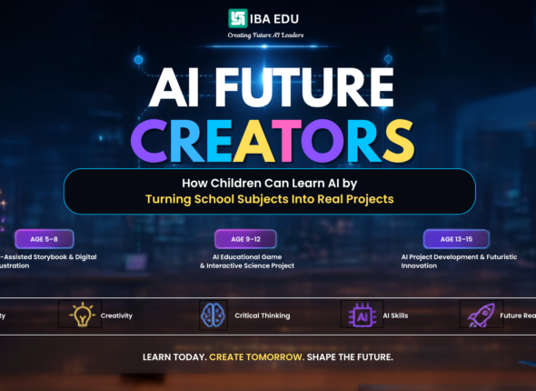 Hero banner for IBA EDU titled 'AI FUTURE CREATORS' with three age groups (5–8, 9–12, 13–15) and a dark blue tech background.