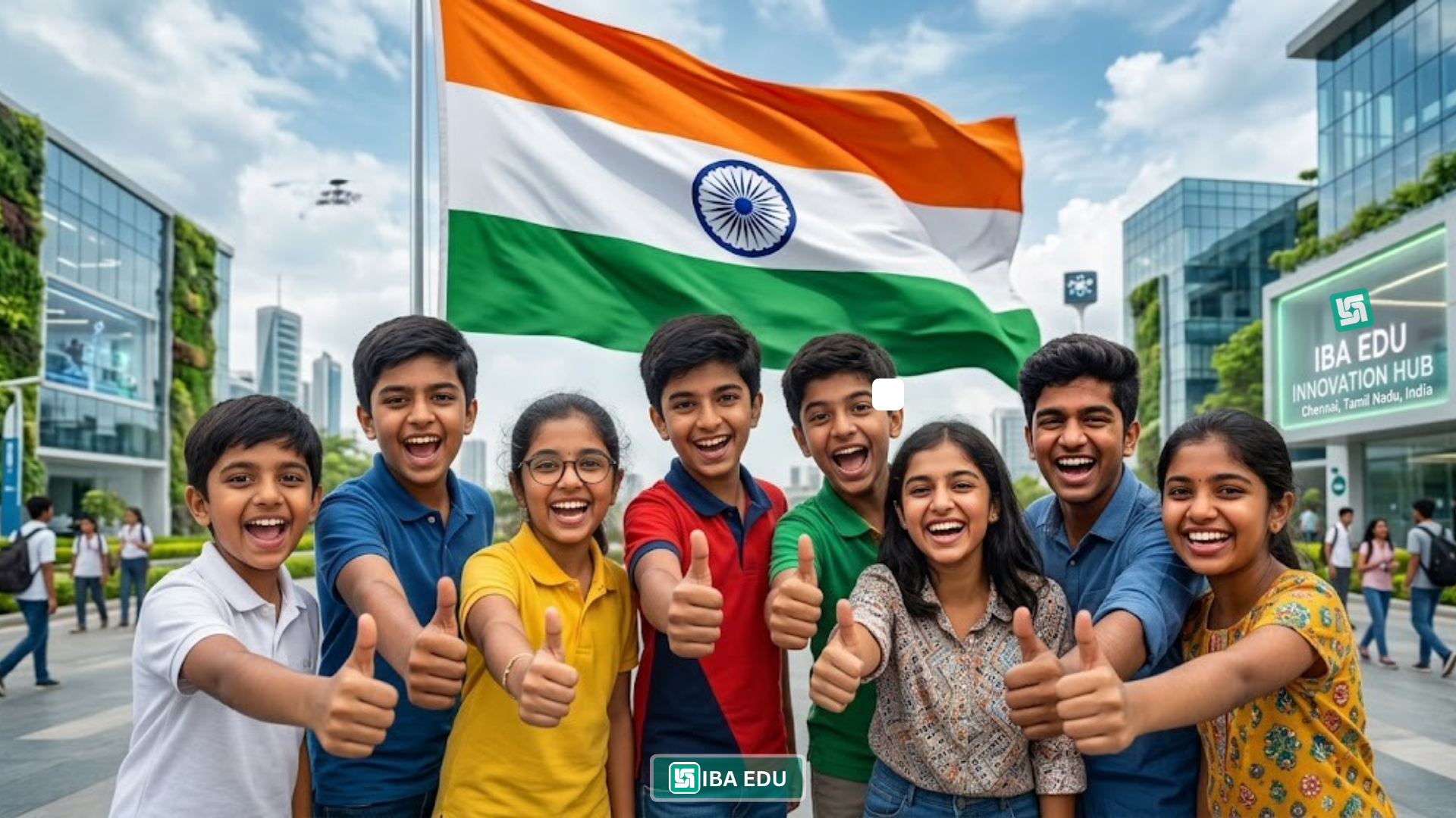 Smiling diverse group of students giving thumbs up with the Indian flag flying behind them on a modern campus