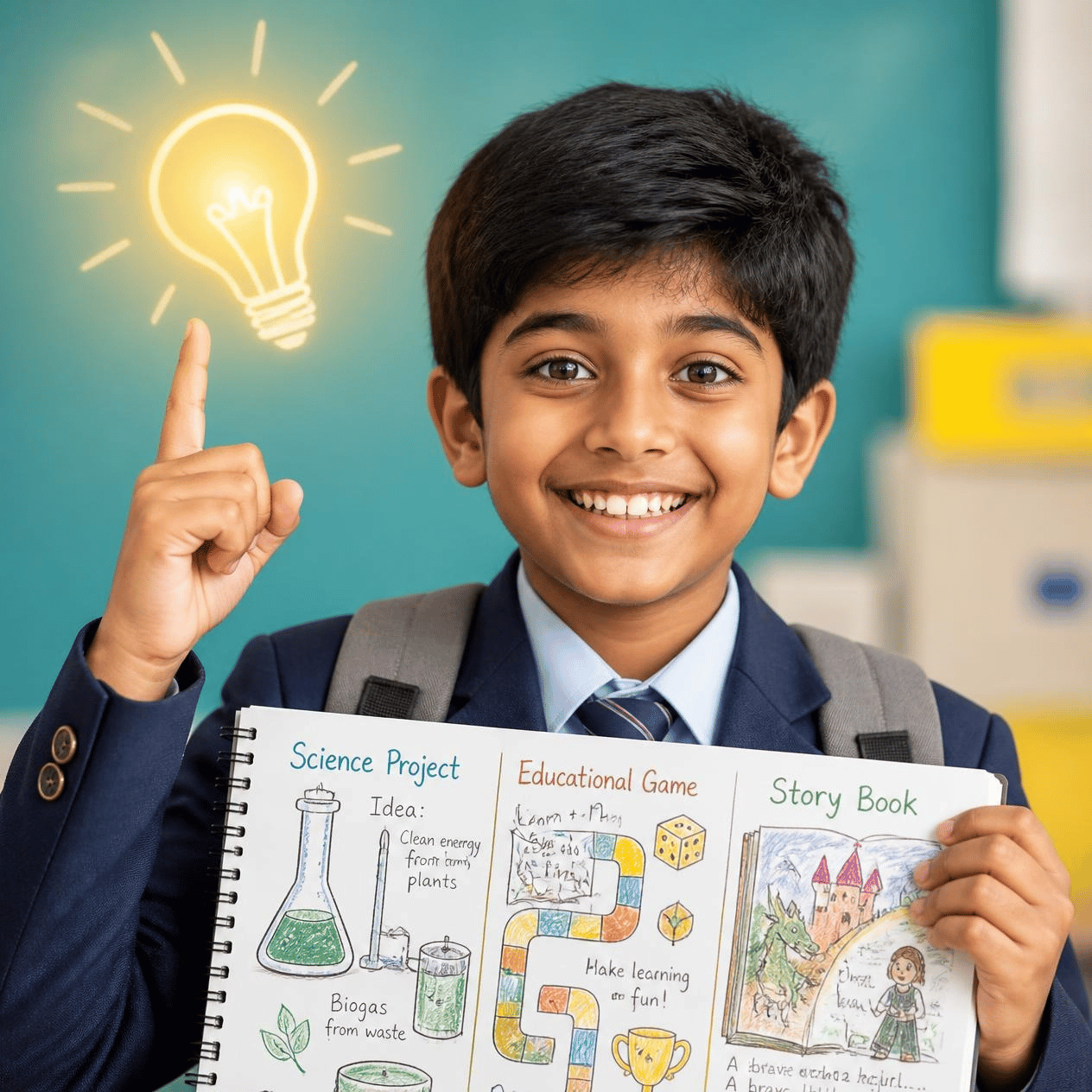 Smiling schoolboy in a blazer holds a science-project notebook with drawings, a glowing light bulb appears above his finger.