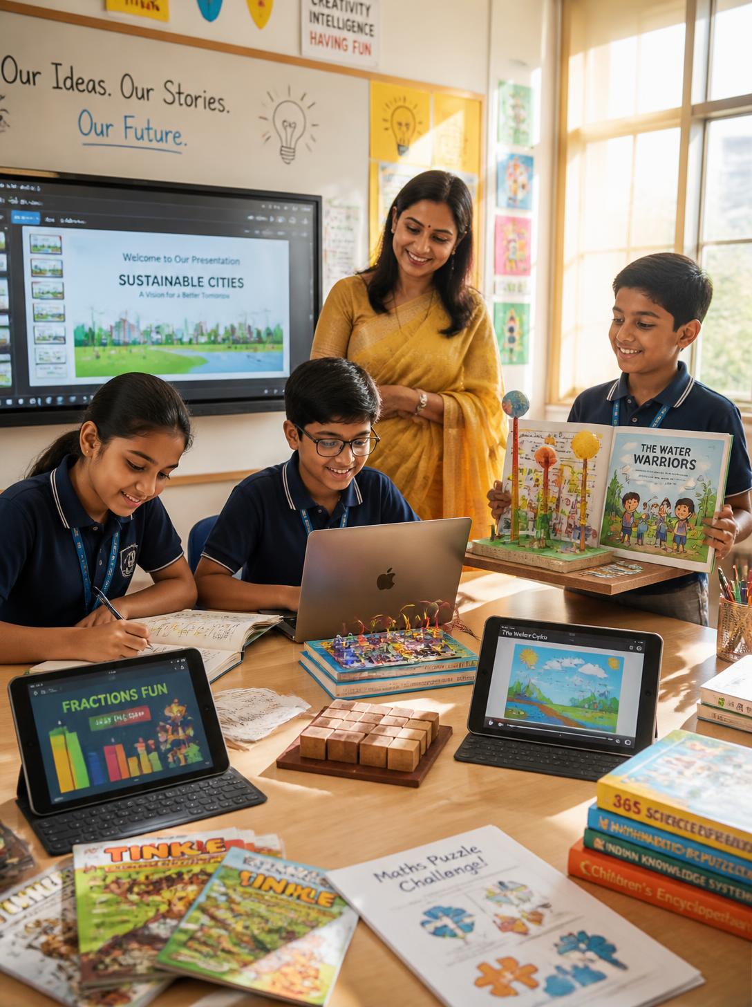 Teacher overseeing a group of students as they work on laptops and tablets in a bright classroom, with books and a colorful display nearby.