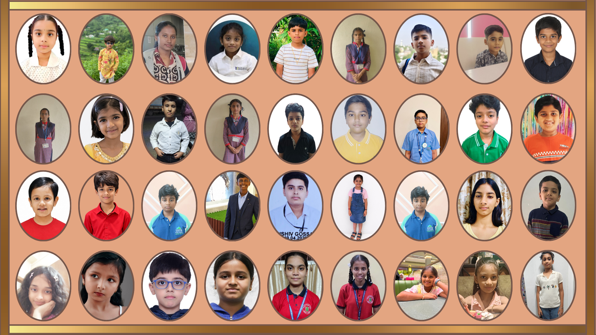 Collage of numerous student portraits in oval frames on a peach background, resembling a class photo gallery.