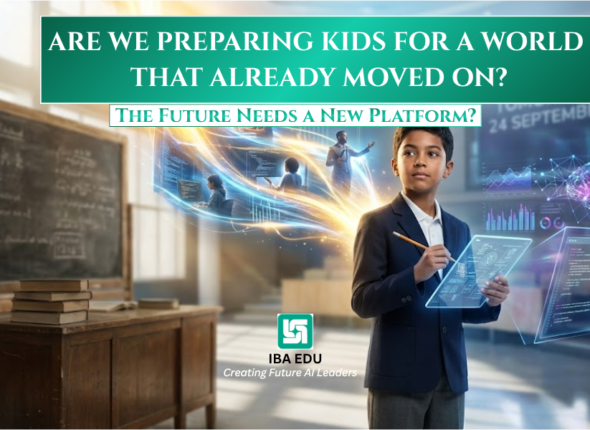 Student in a blazer interacts with holographic data panels in a bright classroom; headline asks if we’re preparing kids for a world that already moved on, with IBA EDU logo below.
