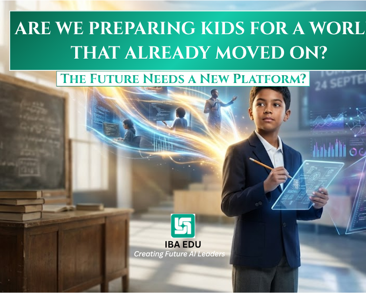 Student in a blazer interacts with holographic data panels in a bright classroom; headline asks if we’re preparing kids for a world that already moved on, with IBA EDU logo below.