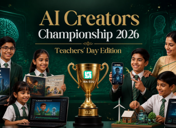 Students in green uniforms gather around a large gold trophy on a science-themed poster for AI Creators Championship 2026: Teachers' Day Edition (center stage)